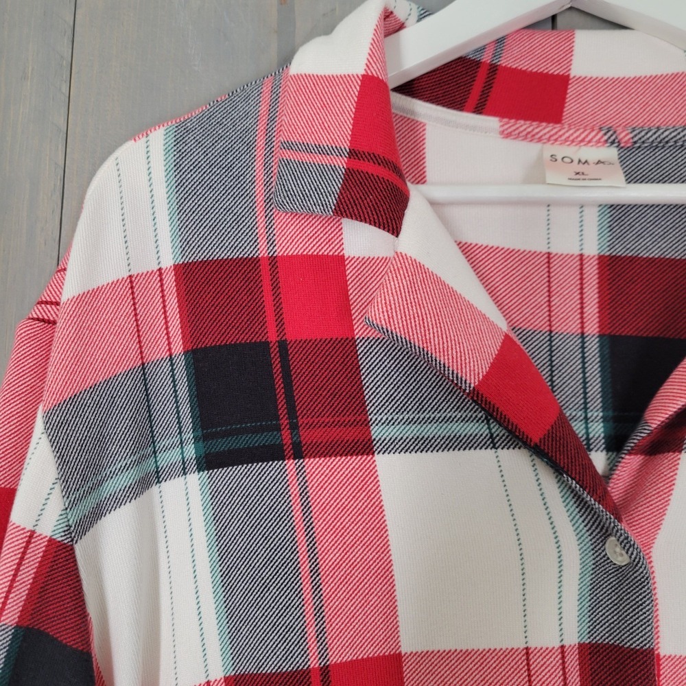 Soma Pajama Top Womens XL Red White Plaid Button Down Sleep Shirt Long Sleeve - Picture 3 of 10